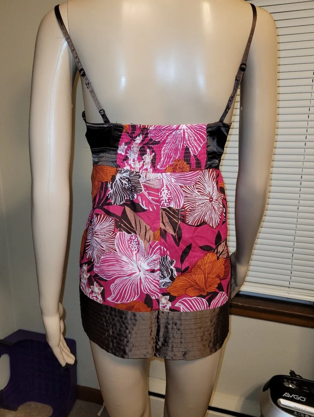 Dizzy Lizzy - Brown Satin & Pink Floral Spaghetti-Strap Top.
